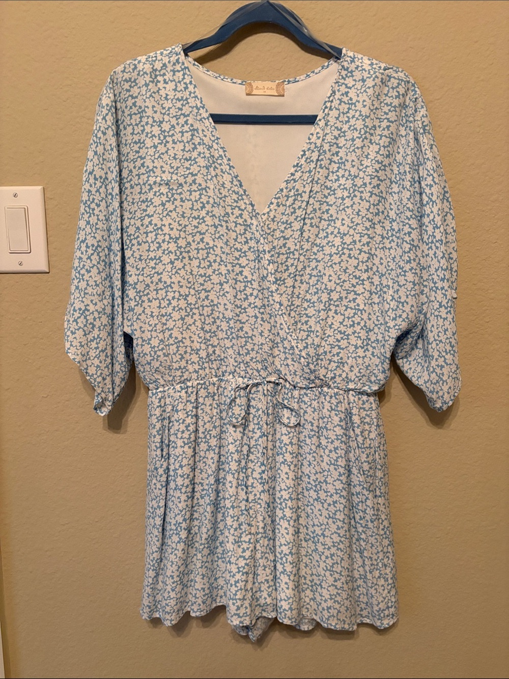 Altar’d State Light Blue & White Floral Wrap Shorts Romper